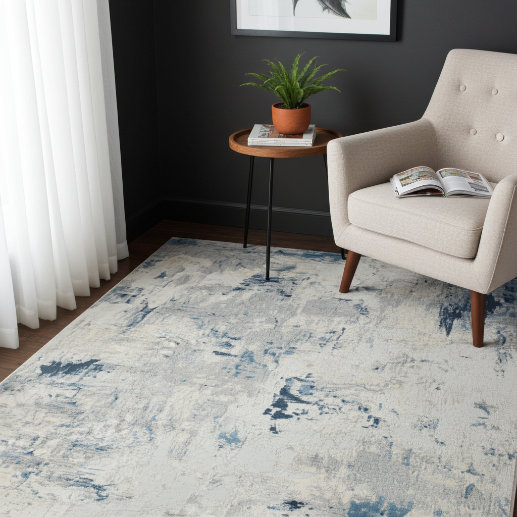 Loren Grey Blue and Cream Distressed Abstract Rug