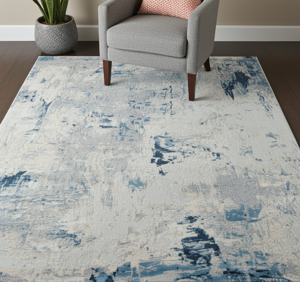 Loren Grey Blue and Cream Distressed Abstract Rug
