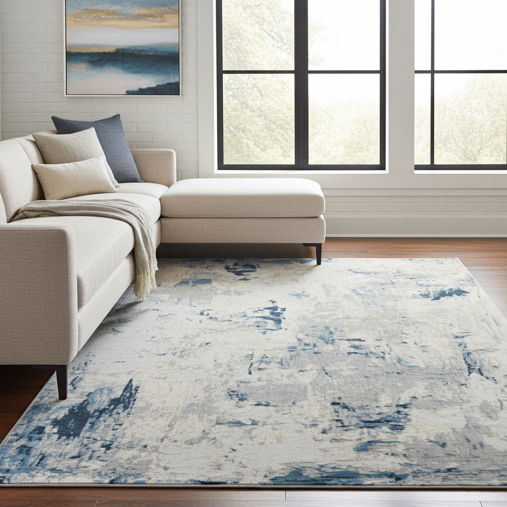 Loren Grey Blue and Cream Distressed Abstract Rug