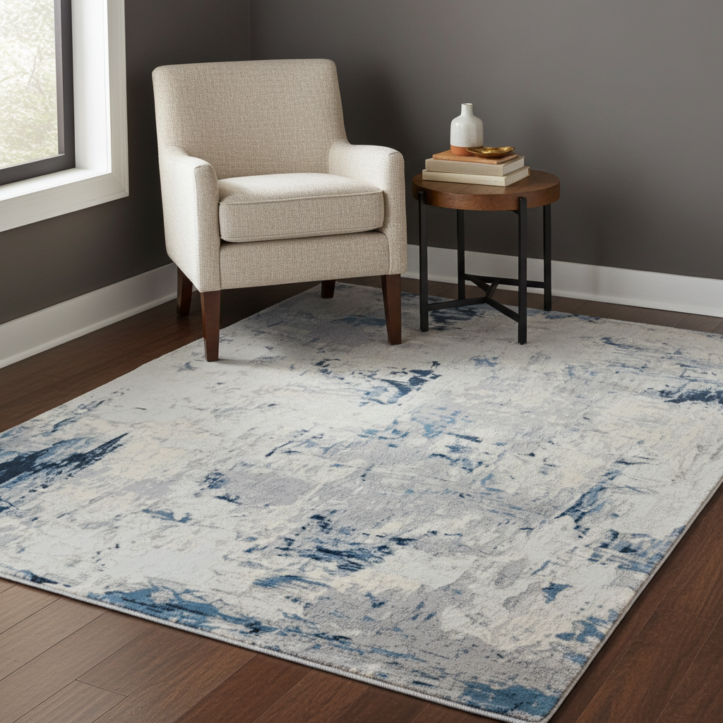 Loren Grey Blue and Cream Distressed Abstract Rug