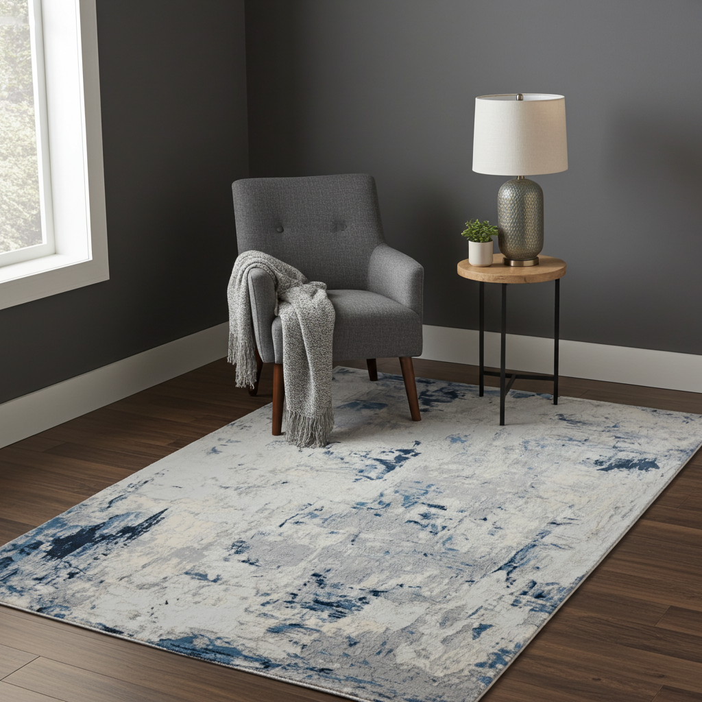 Loren Grey Blue and Cream Distressed Abstract Rug