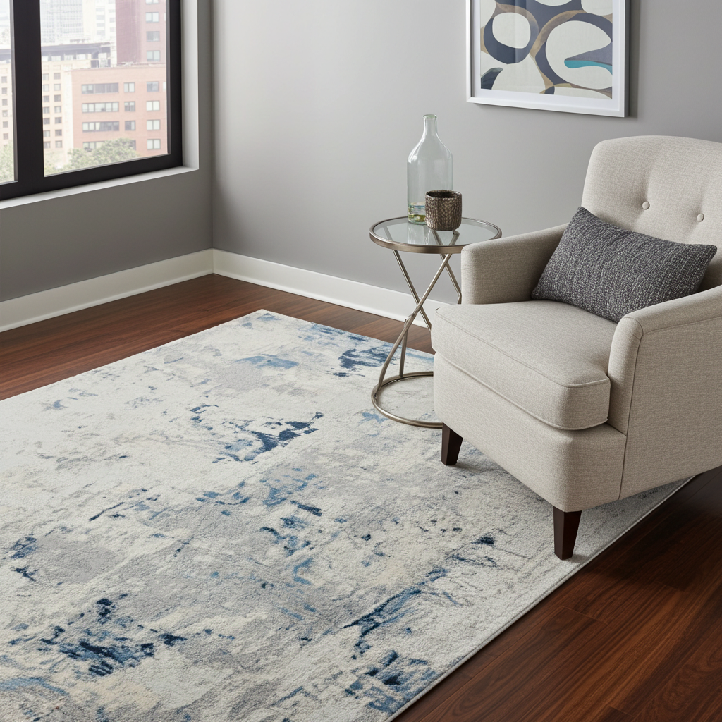 Loren Grey Blue and Cream Distressed Abstract Rug