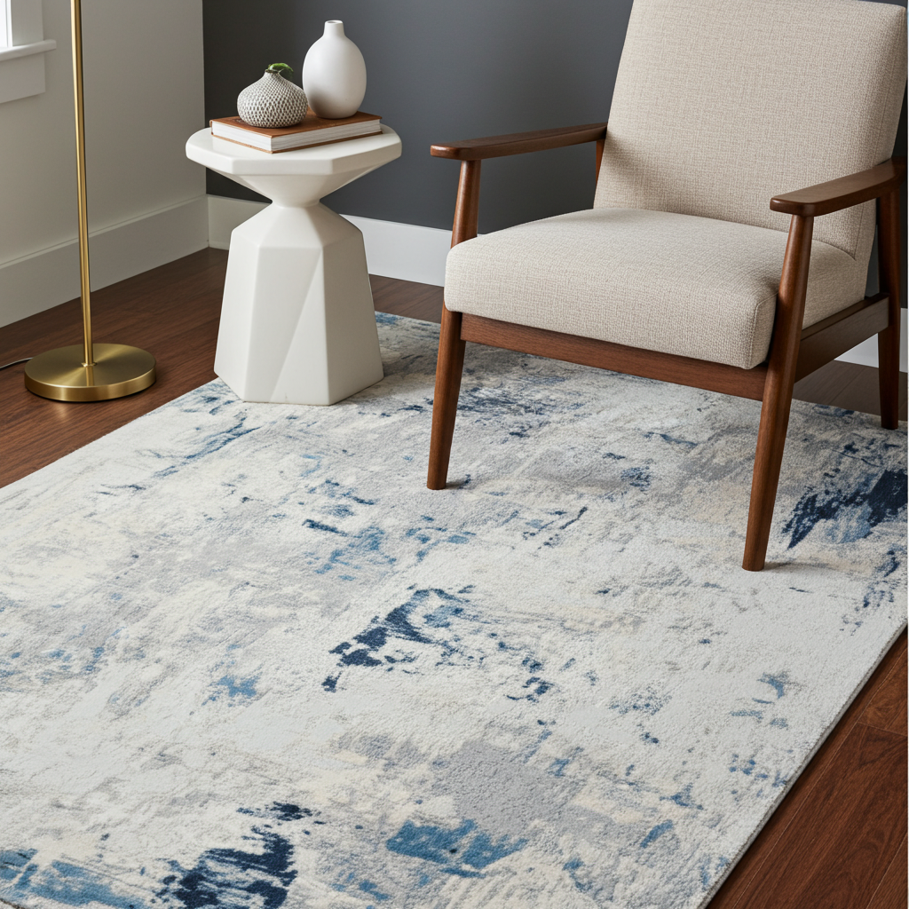 Loren Grey Blue and Cream Distressed Abstract Rug