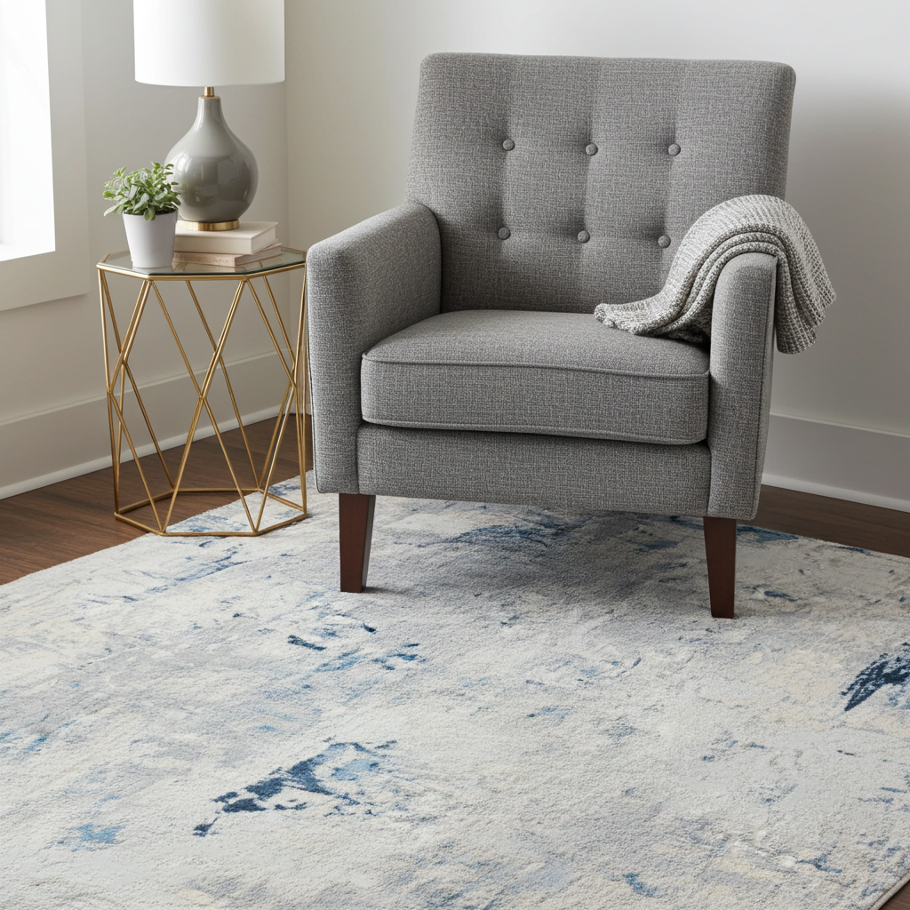 Loren Grey Blue and Cream Distressed Abstract Rug