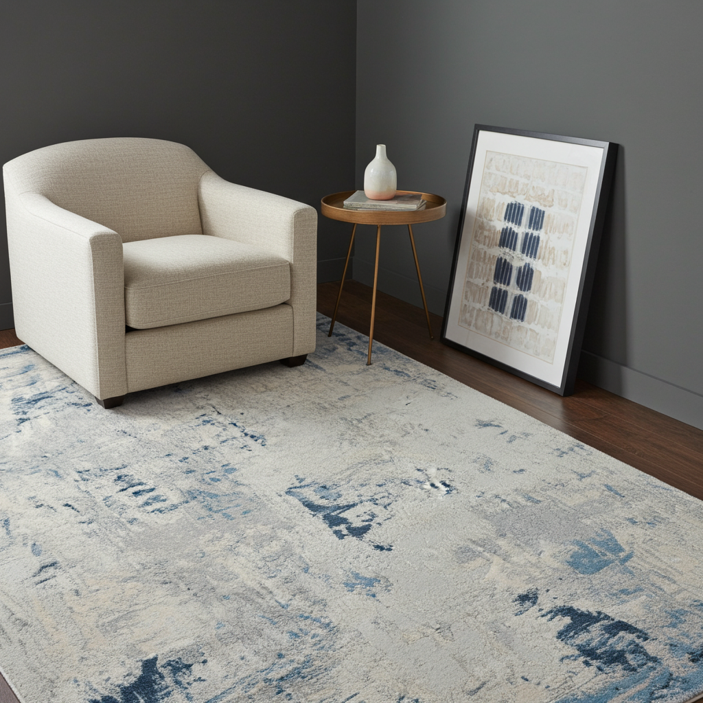 Loren Grey Blue and Cream Distressed Abstract Rug