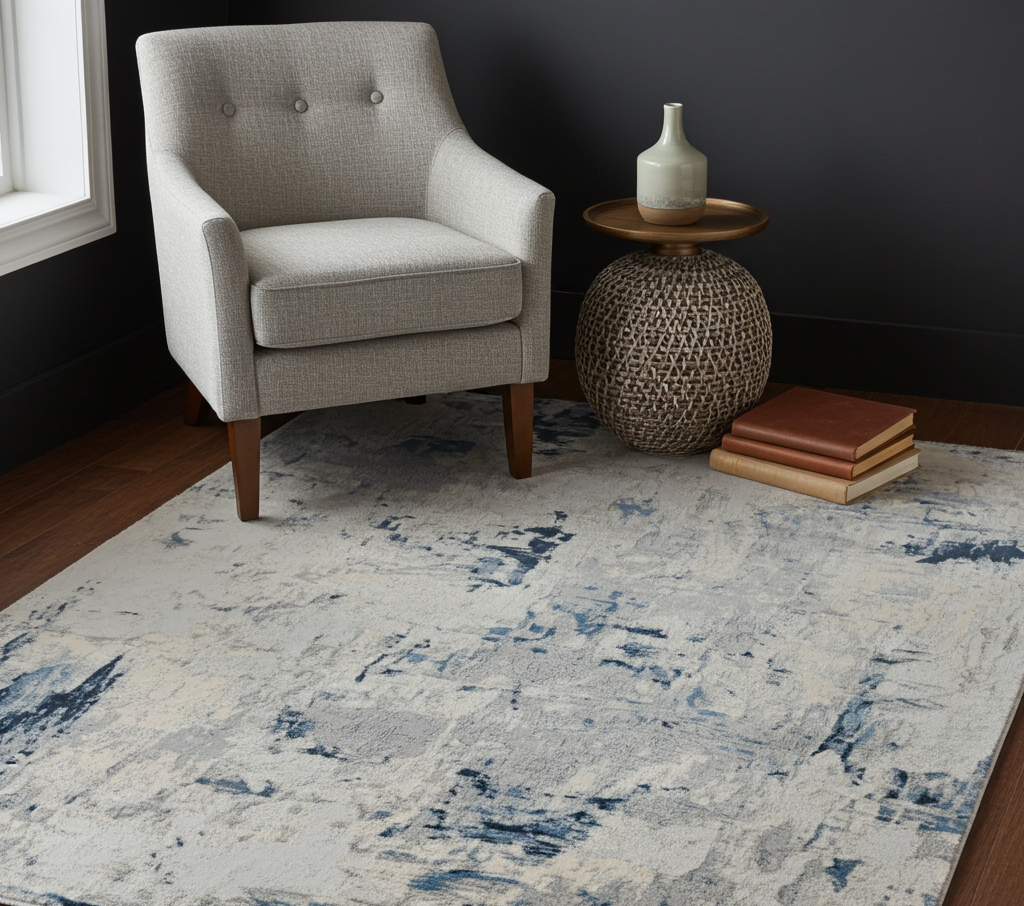 Loren Grey Blue and Cream Distressed Abstract Rug