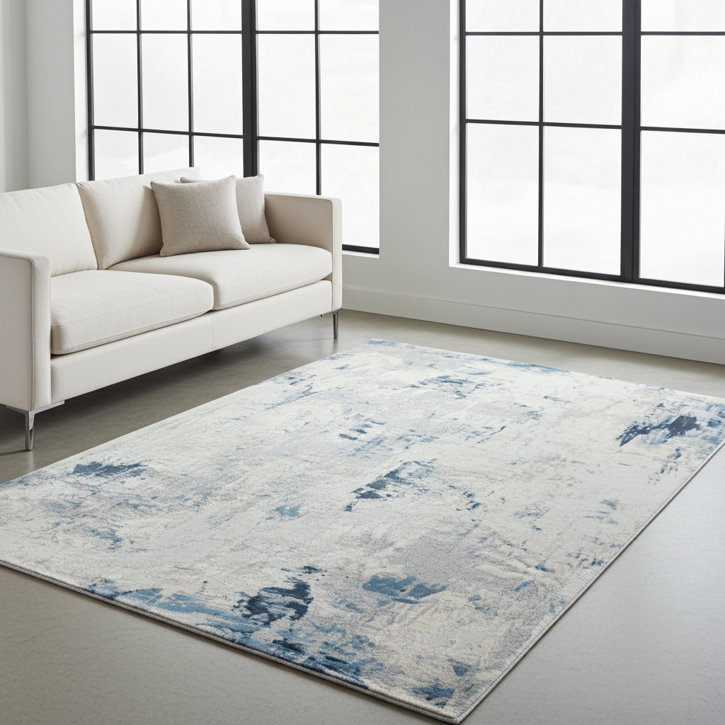 Loren Grey Blue and Cream Distressed Abstract Rug