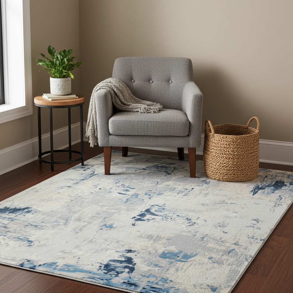 Loren Grey Blue and Cream Distressed Abstract Rug