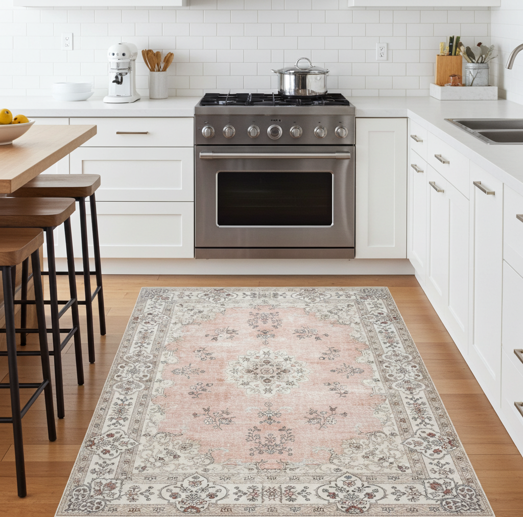 Washable Venice Peach Pink Distressed Transitional Rug