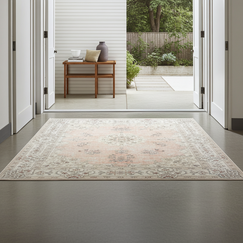 Washable Venice Peach Pink Distressed Transitional Rug