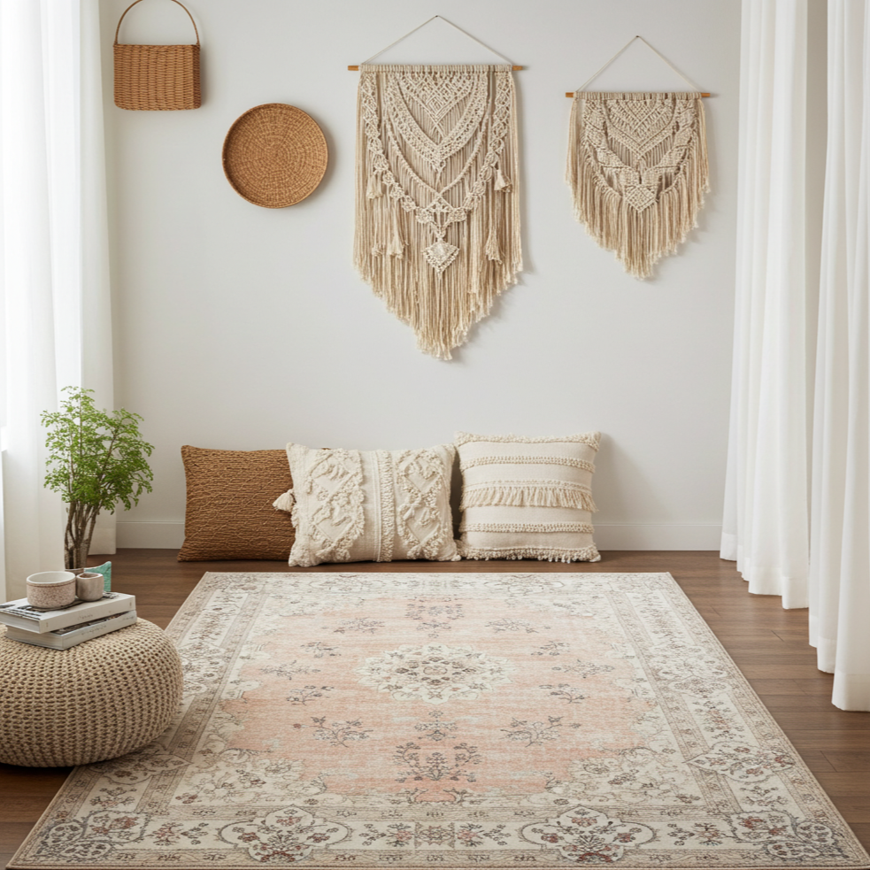 Washable Venice Peach Pink Distressed Transitional Rug