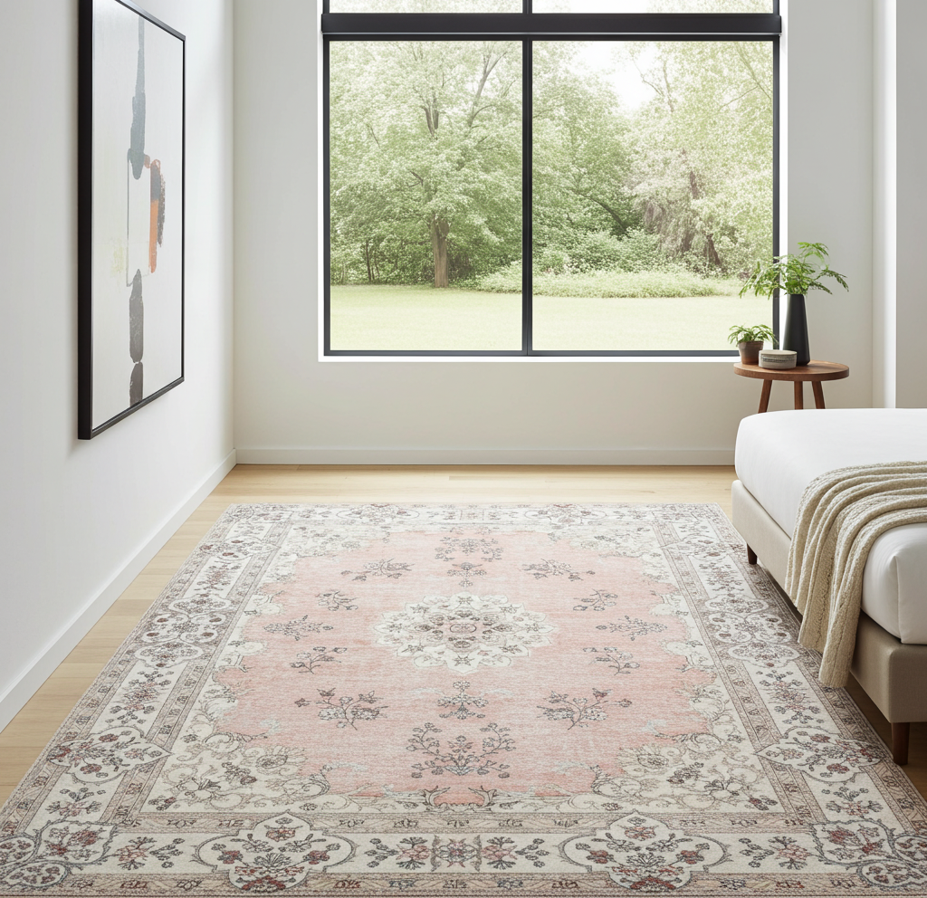 Washable Venice Peach Pink Distressed Transitional Rug