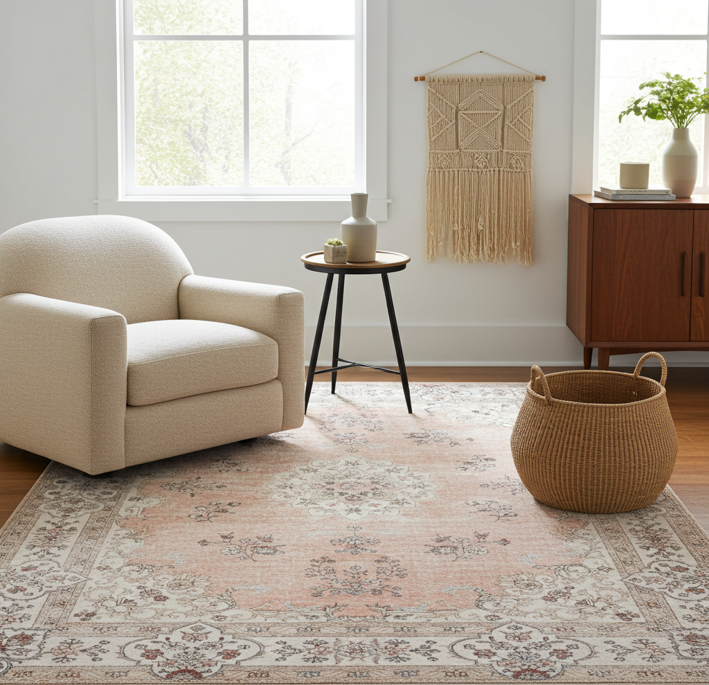 Washable Venice Peach Pink Distressed Transitional Rug