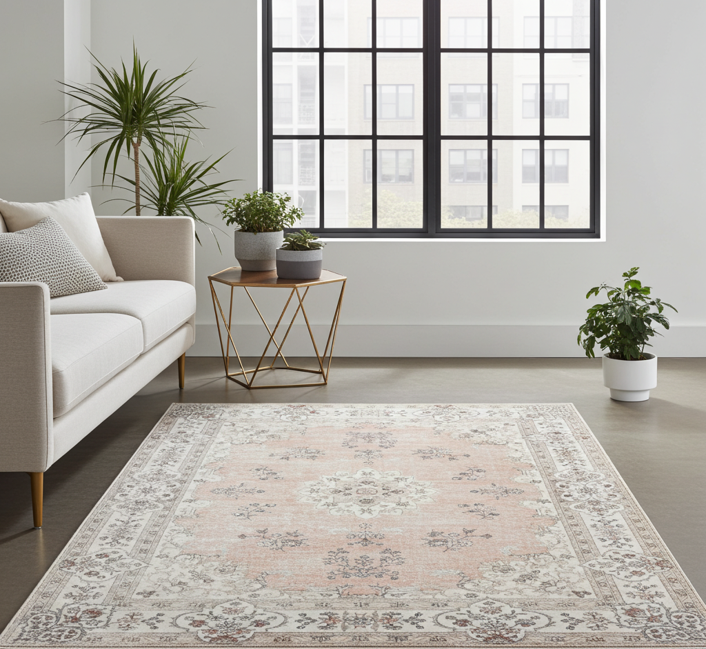 Washable Venice Peach Pink Distressed Transitional Rug