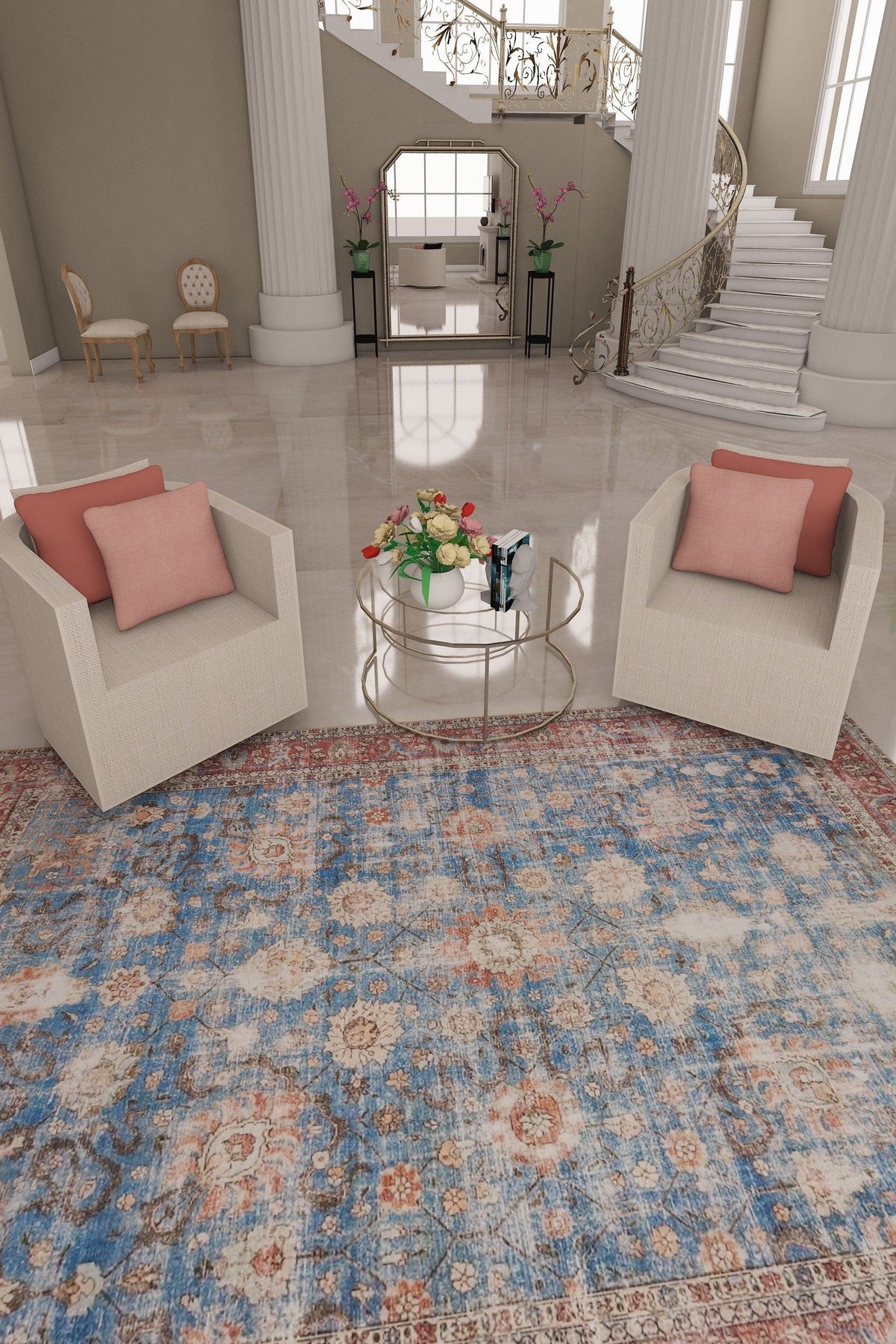 Venice Blue and Red Distressed Traditional Washable Rug