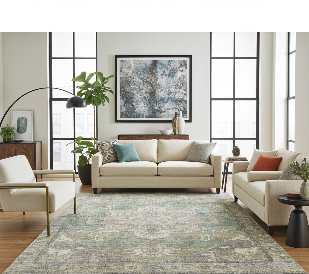 Washable Venice Green and Ivory Distressed Transitional Rug