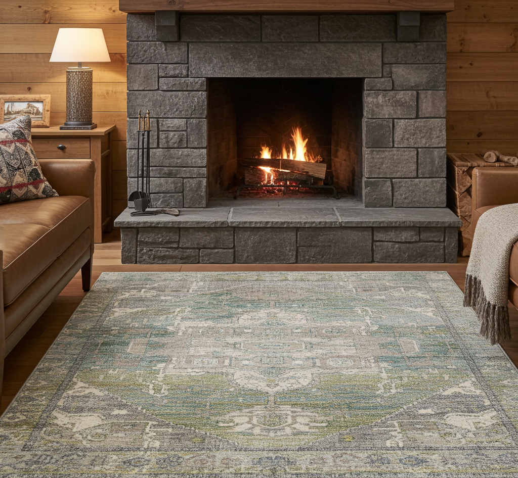 Washable Venice Green and Ivory Distressed Transitional Rug