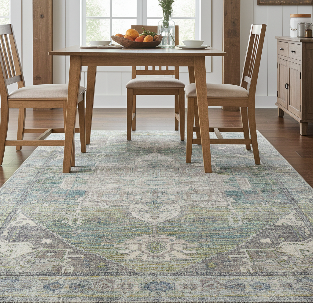 Washable Venice Green and Ivory Distressed Transitional Rug
