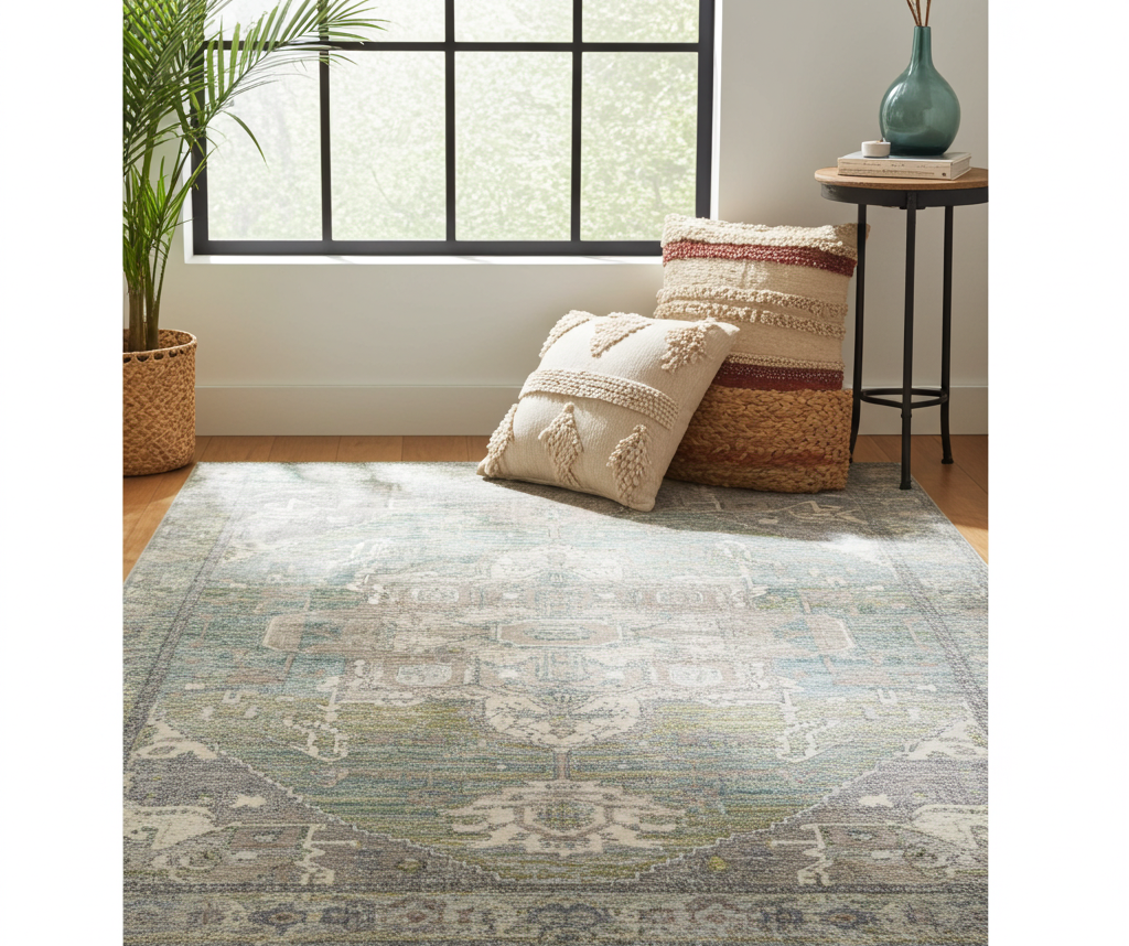 Washable Venice Green and Ivory Distressed Transitional Rug