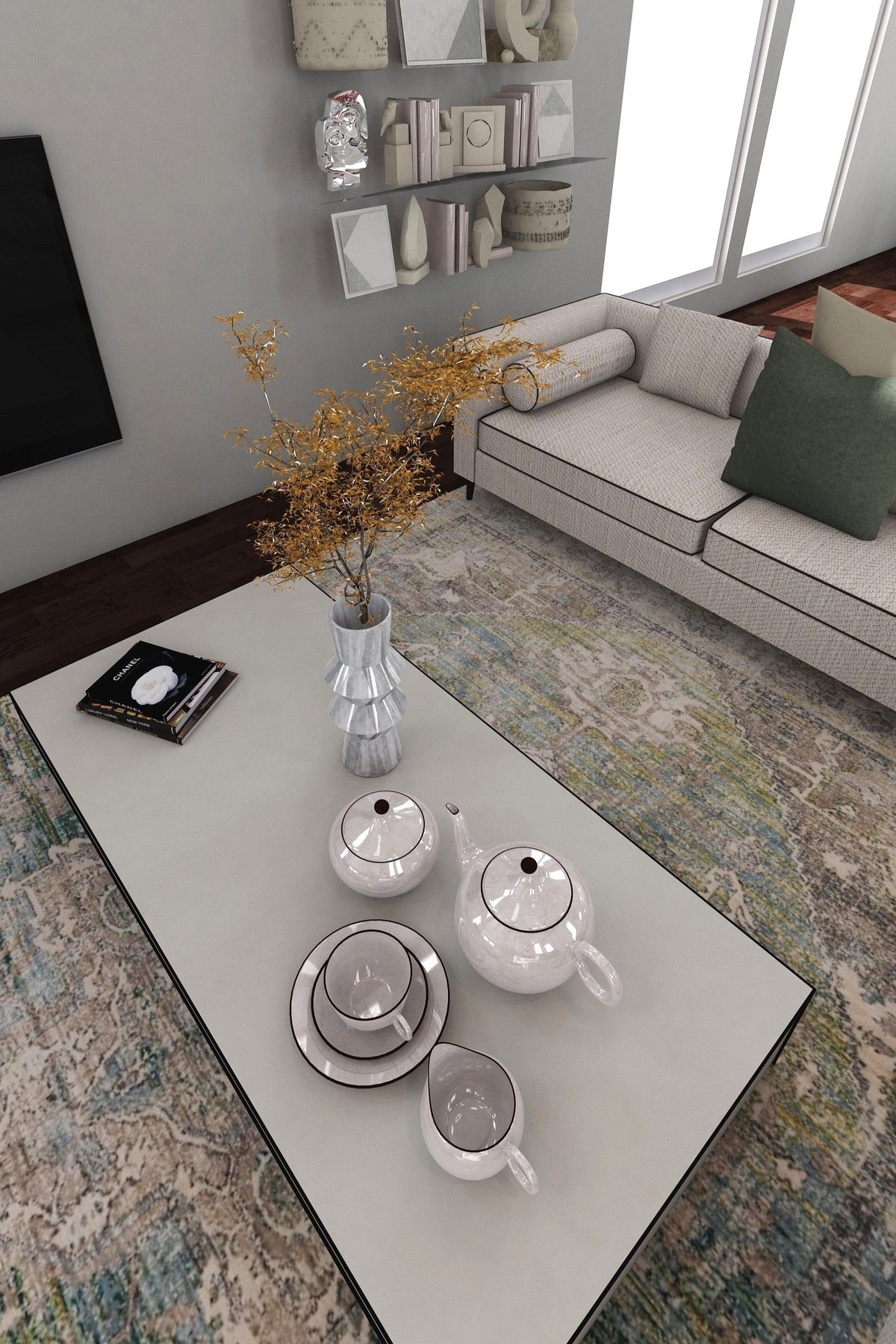 Venice Green and Ivory Distressed Transitional Washable Rug
