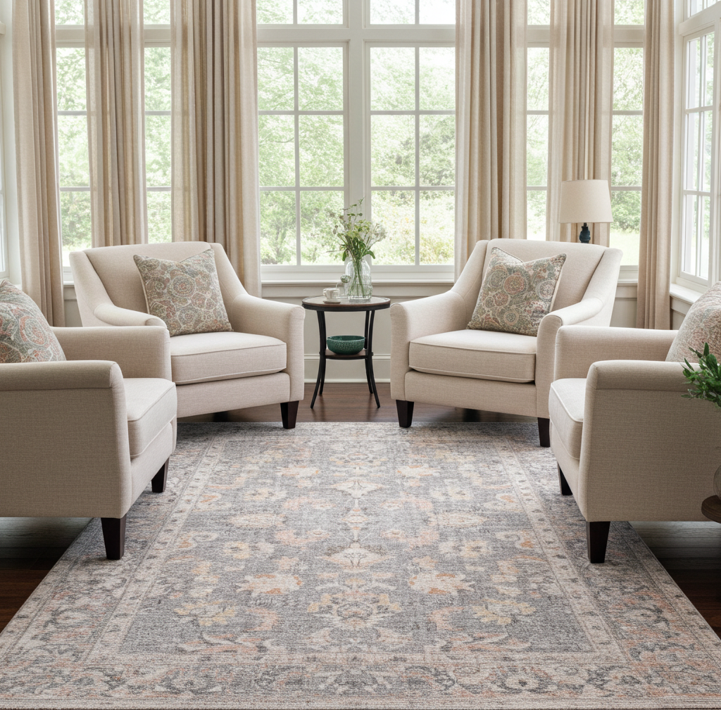Washable Venice Peach Beige and Mindi Grey Distressed Traditional Rug