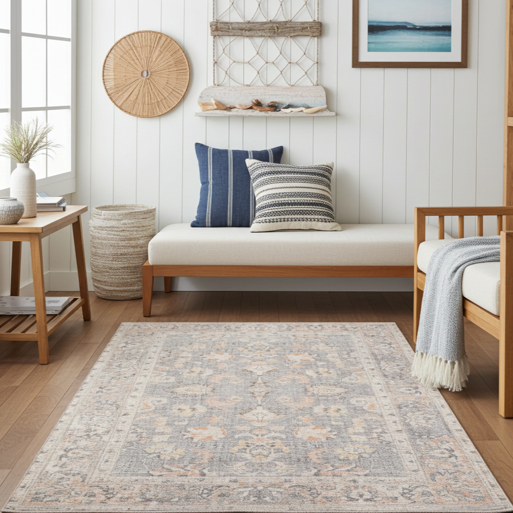 Washable Venice Peach Beige and Mindi Grey Distressed Traditional Rug