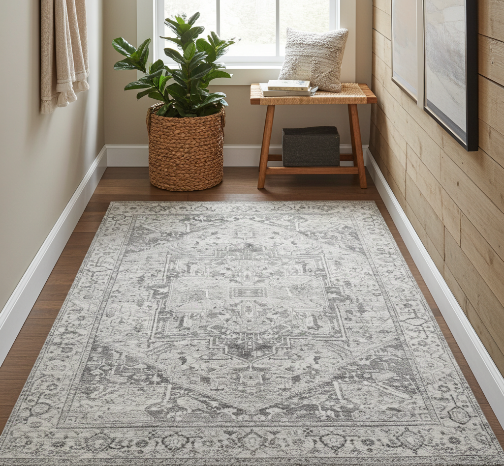 Washable Venice Grey Distressed Transitional Rug
