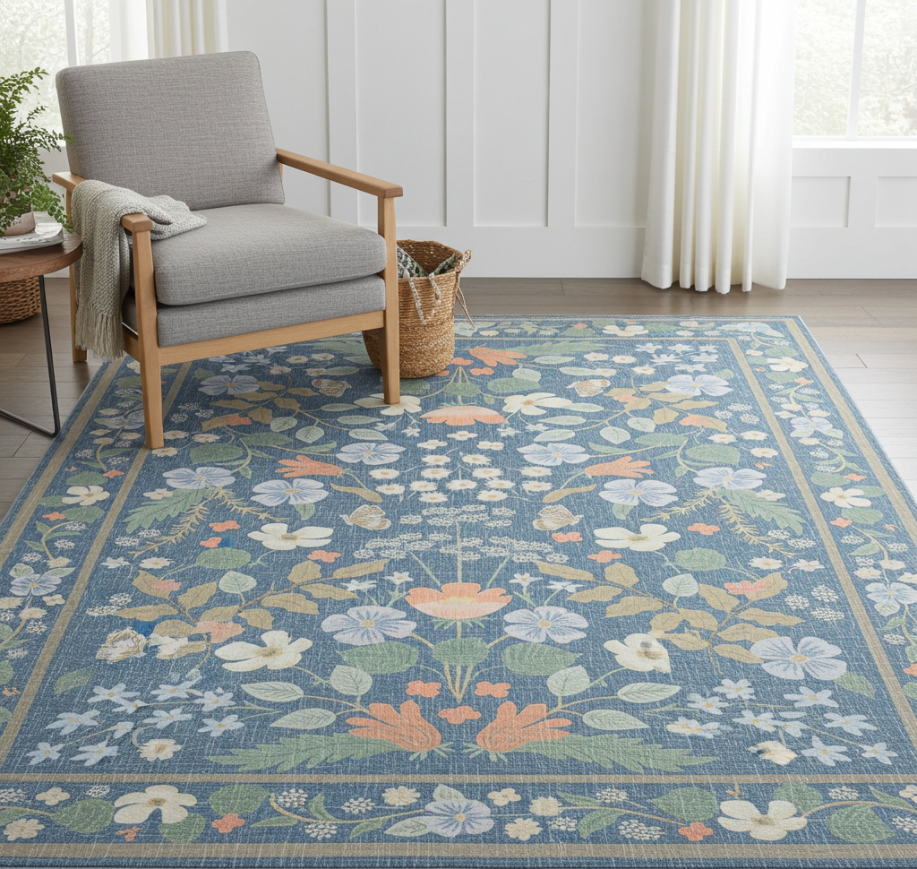 Washable Venice Designer Blue multi colour Paradise Garden Rug
