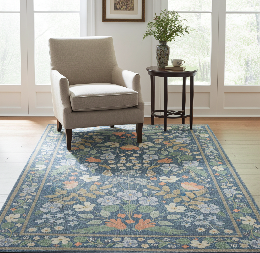 Washable Venice Designer Blue multi colour Paradise Garden Rug