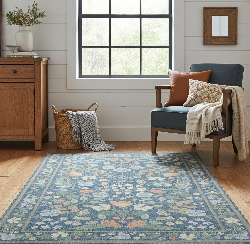 Washable Venice Designer Blue multi colour Paradise Garden Rug