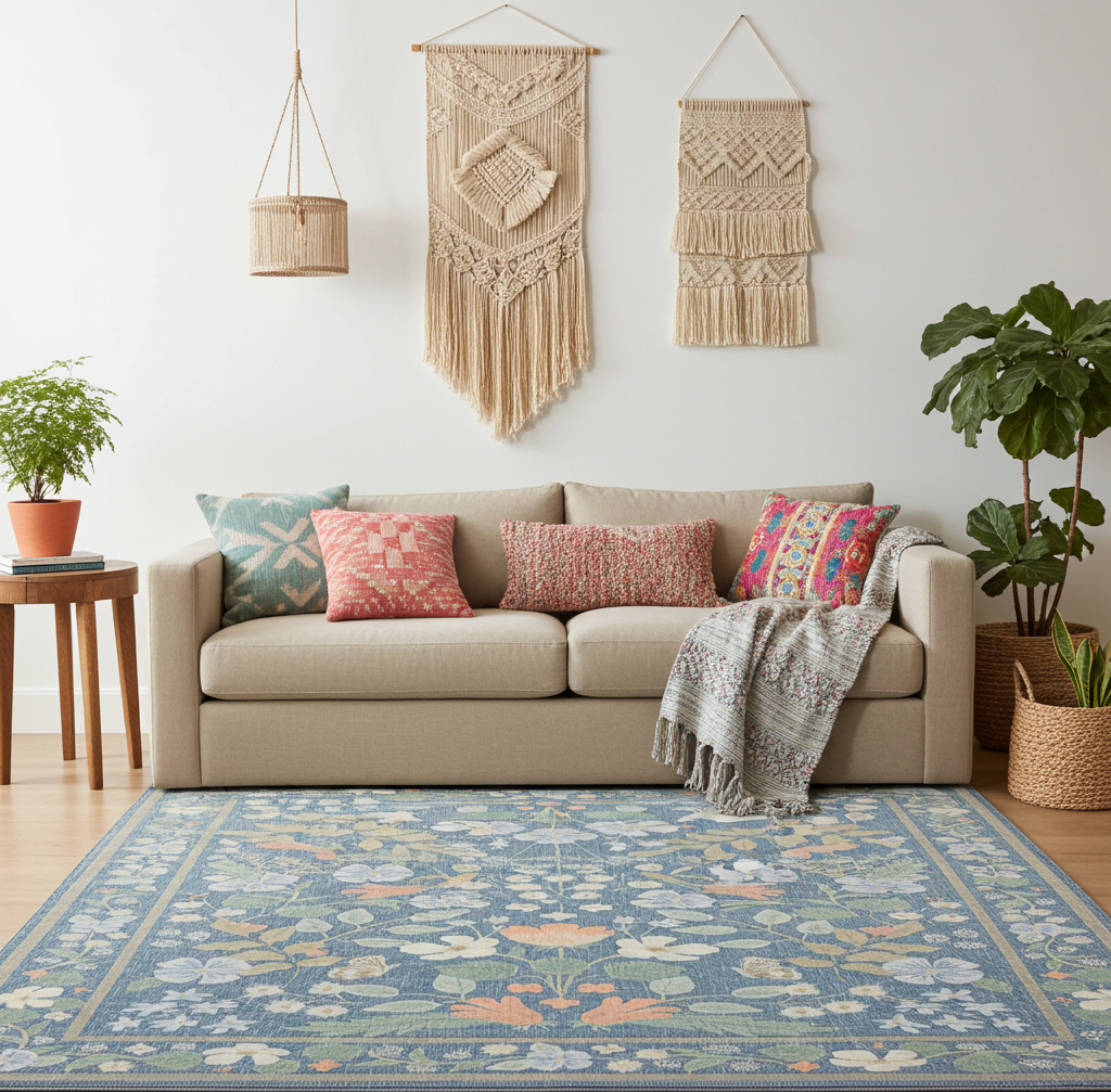 Washable Venice Designer Blue multi colour Paradise Garden Rug