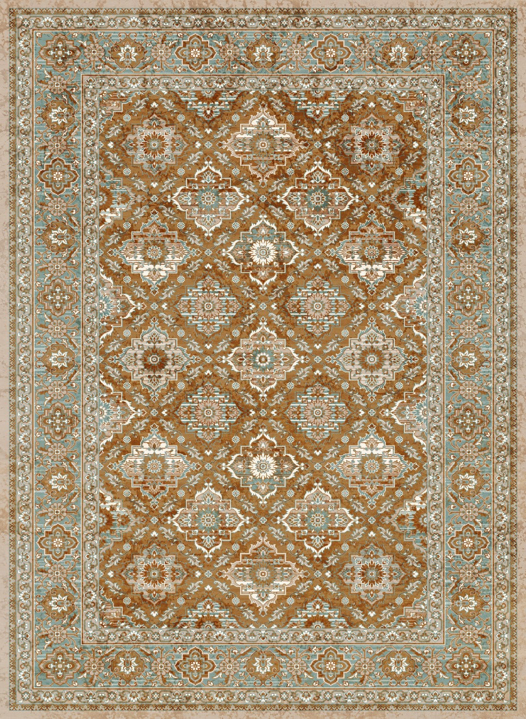 Venice Orange Rust and Jade Blue Distressed Traditional Washable Rug