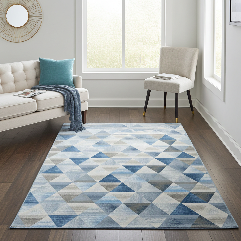 Washable Venice Blue Geometric Modern Rug