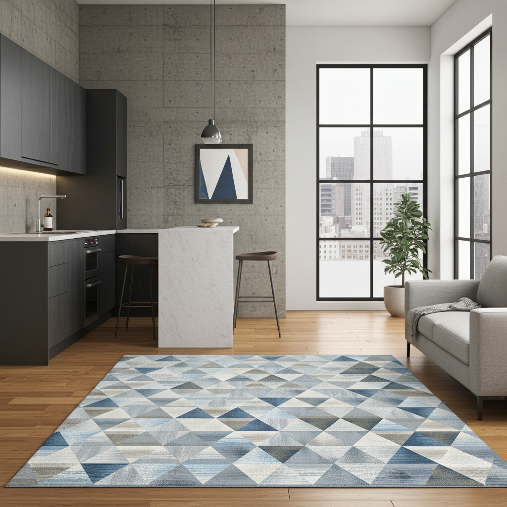Washable Venice Blue Geometric Modern Rug