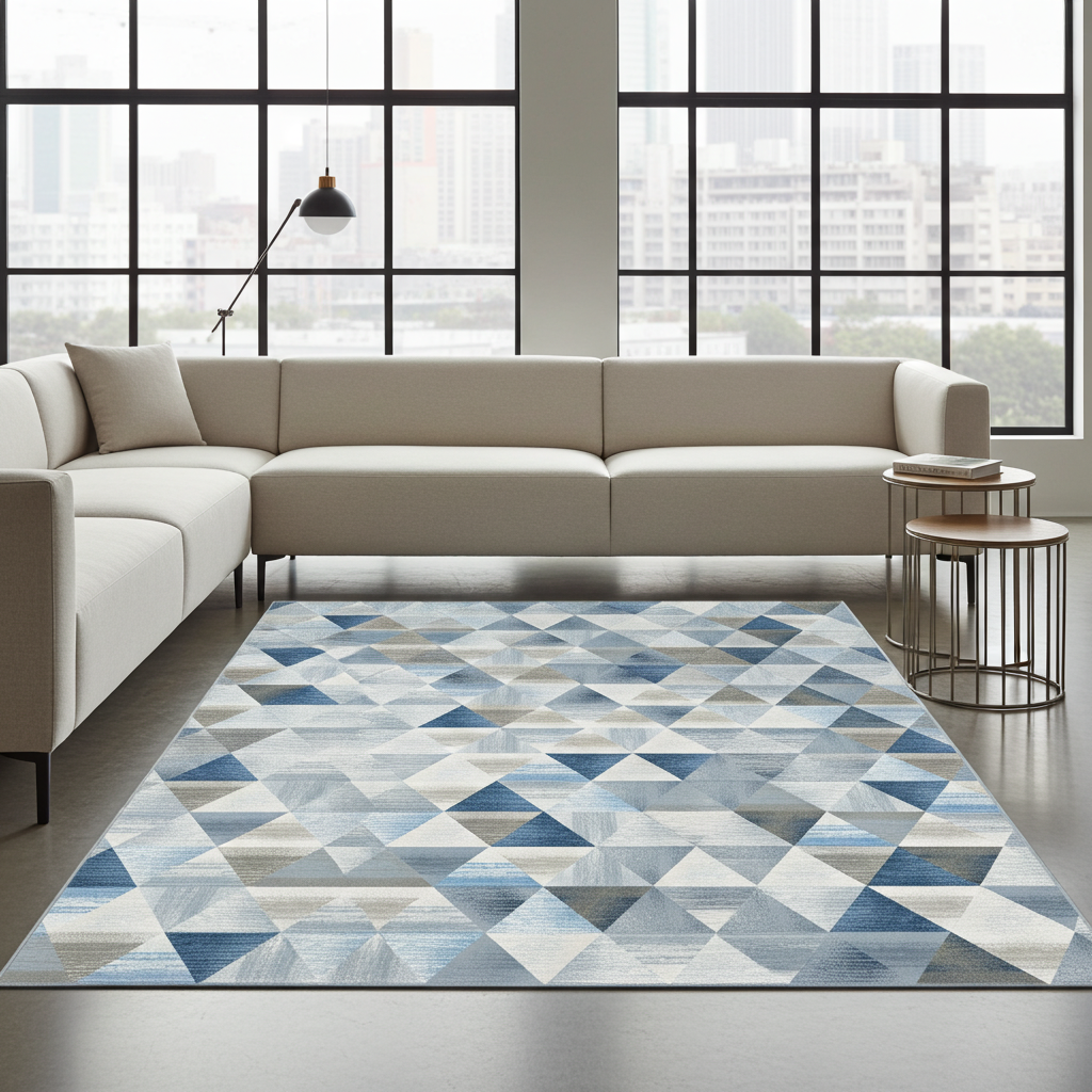 Washable Venice Blue Geometric Modern Rug