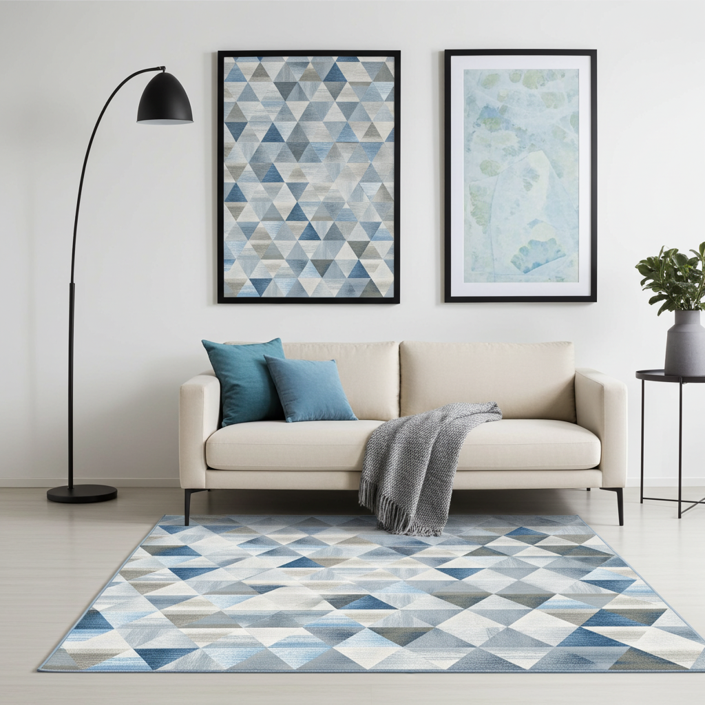 Washable Venice Blue Geometric Modern Rug