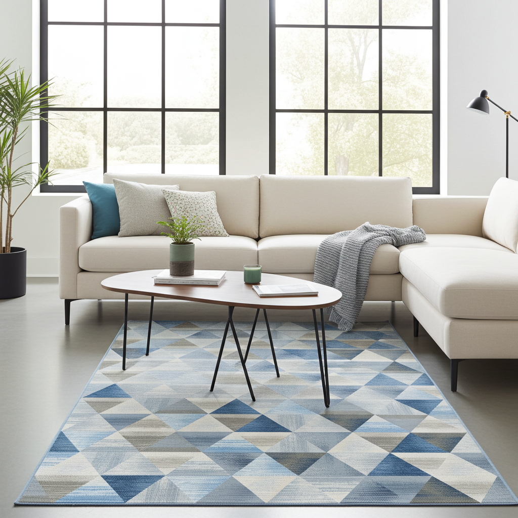 Washable Venice Blue Geometric Modern Rug