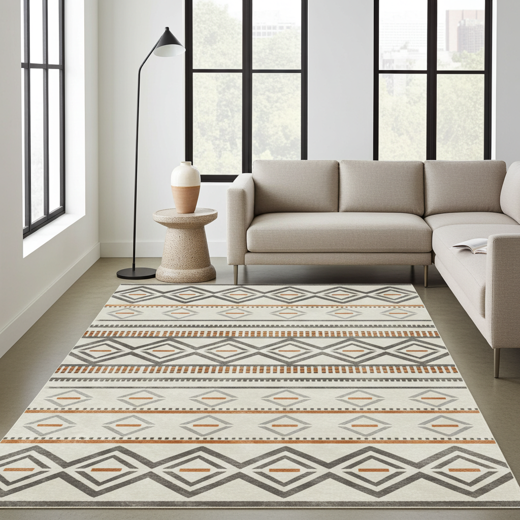 Washable Venice Grey Orange Ivory Geometric Rug