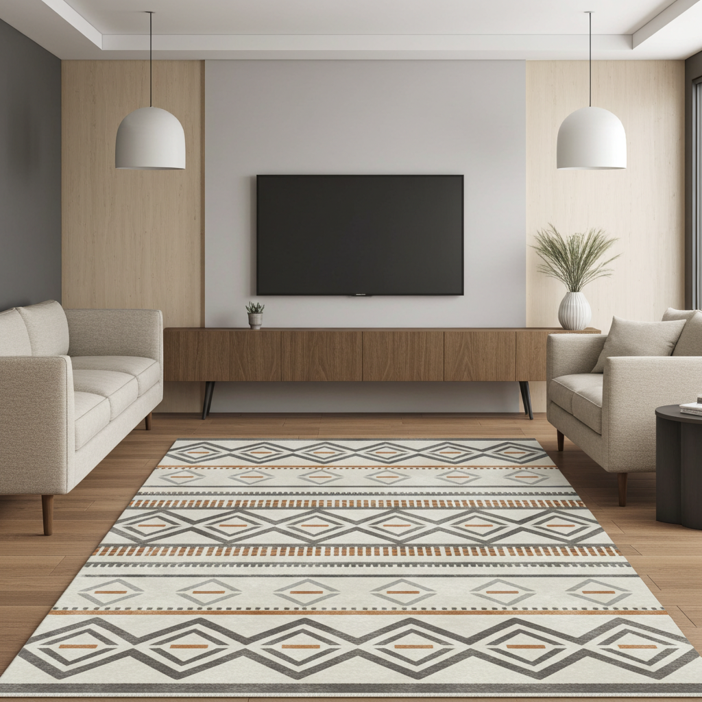 Washable Venice Grey Orange Ivory Geometric Rug