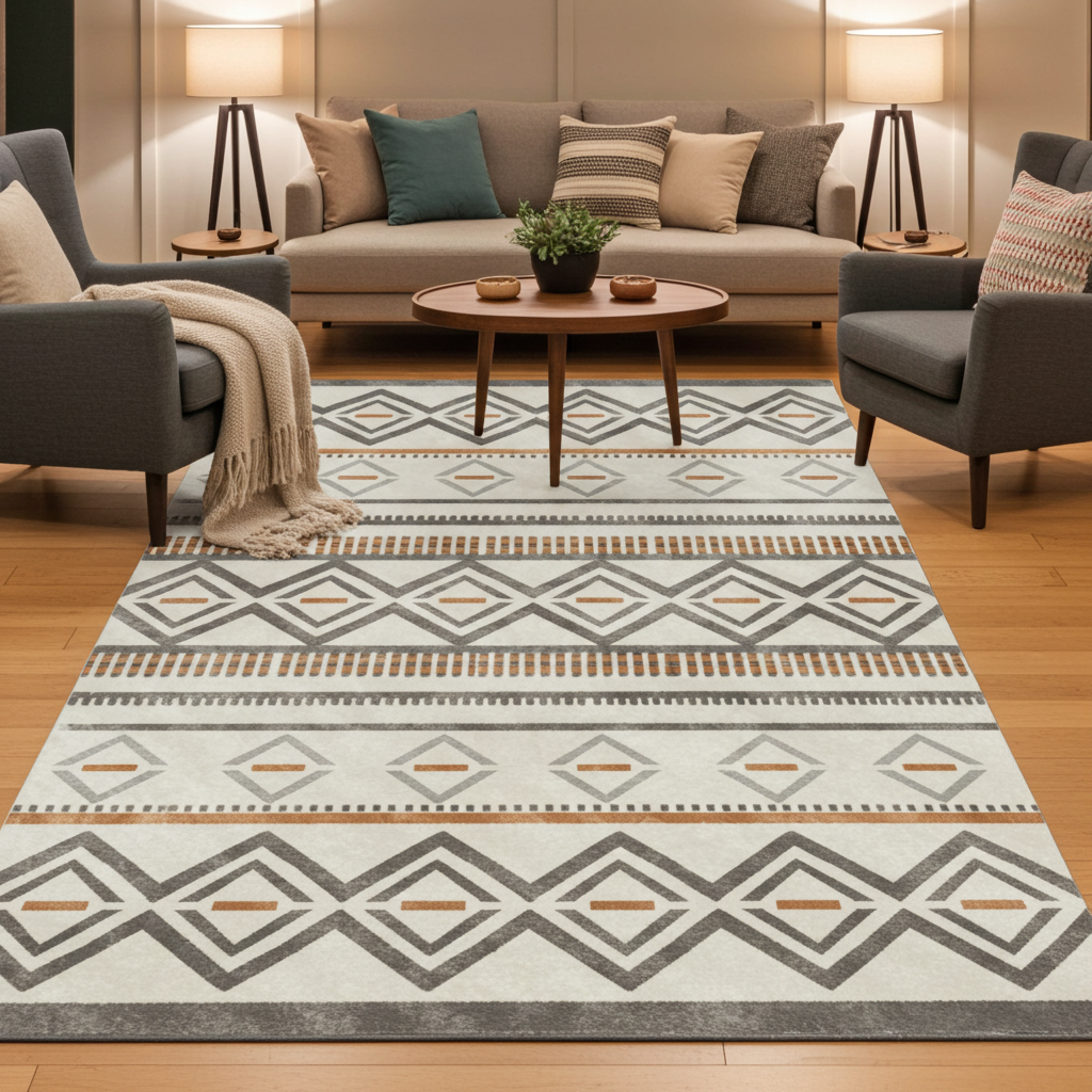 Washable Venice Grey Orange Ivory Geometric Rug