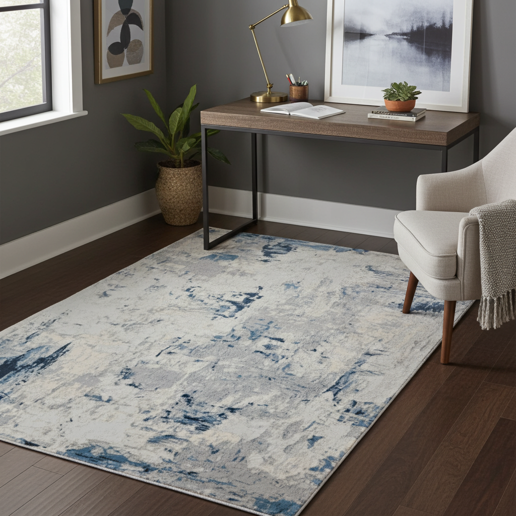 Loren Grey Blue and Cream Distressed Abstract Rug