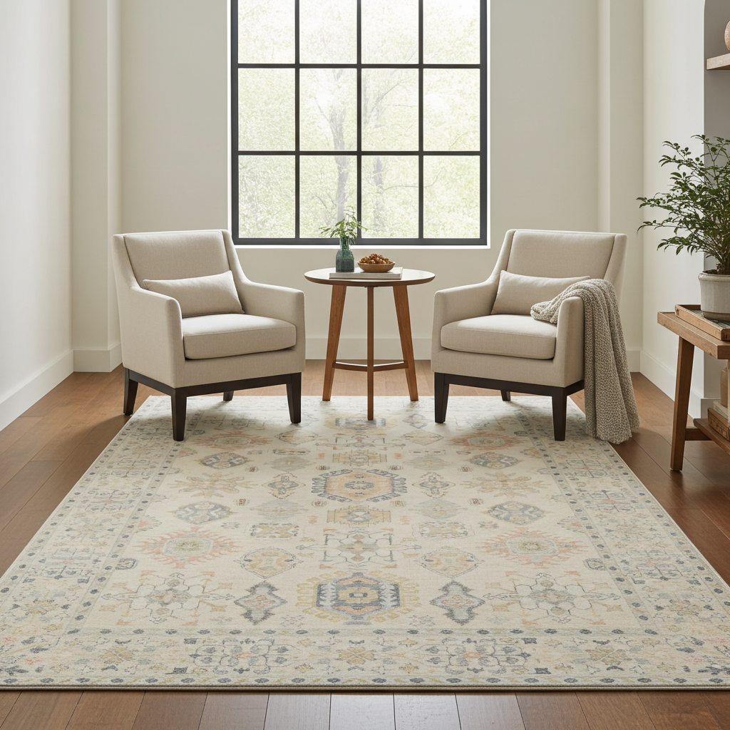 Soft Washable Luxurious Lumina Cream and Multi colour Distressed Rug