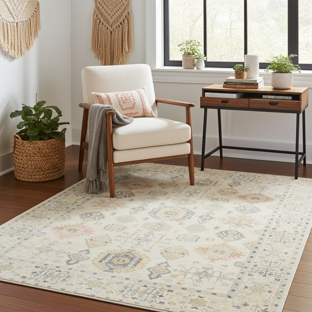 Soft Washable Luxurious Lumina Cream and Multi colour Distressed Rug