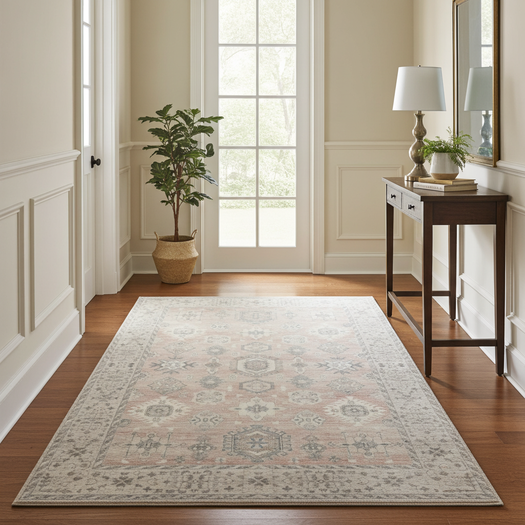 Soft Washable Luxurious Lumina Peach Pink and Grey Distressed Rug