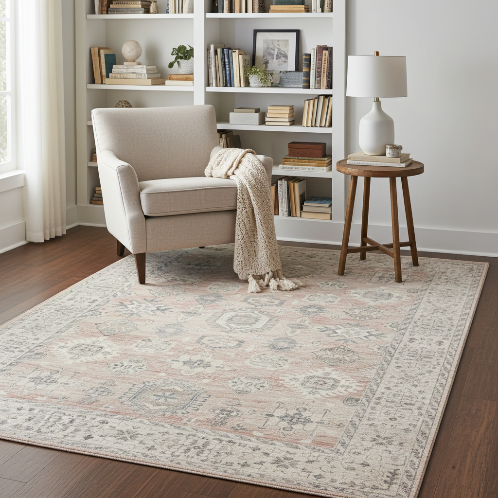 Soft Washable Luxurious Lumina Peach Pink and Grey Distressed Rug