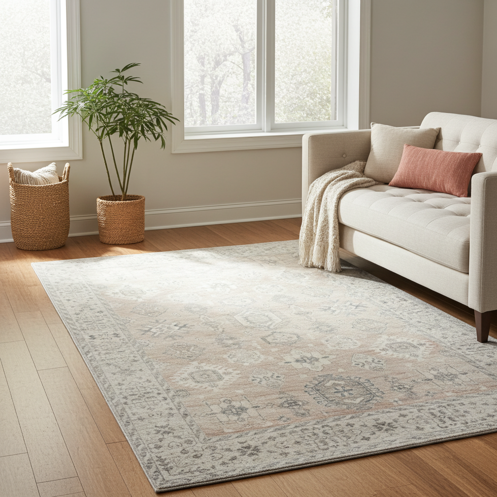 Soft Washable Luxurious Lumina Peach Pink and Grey Distressed Rug