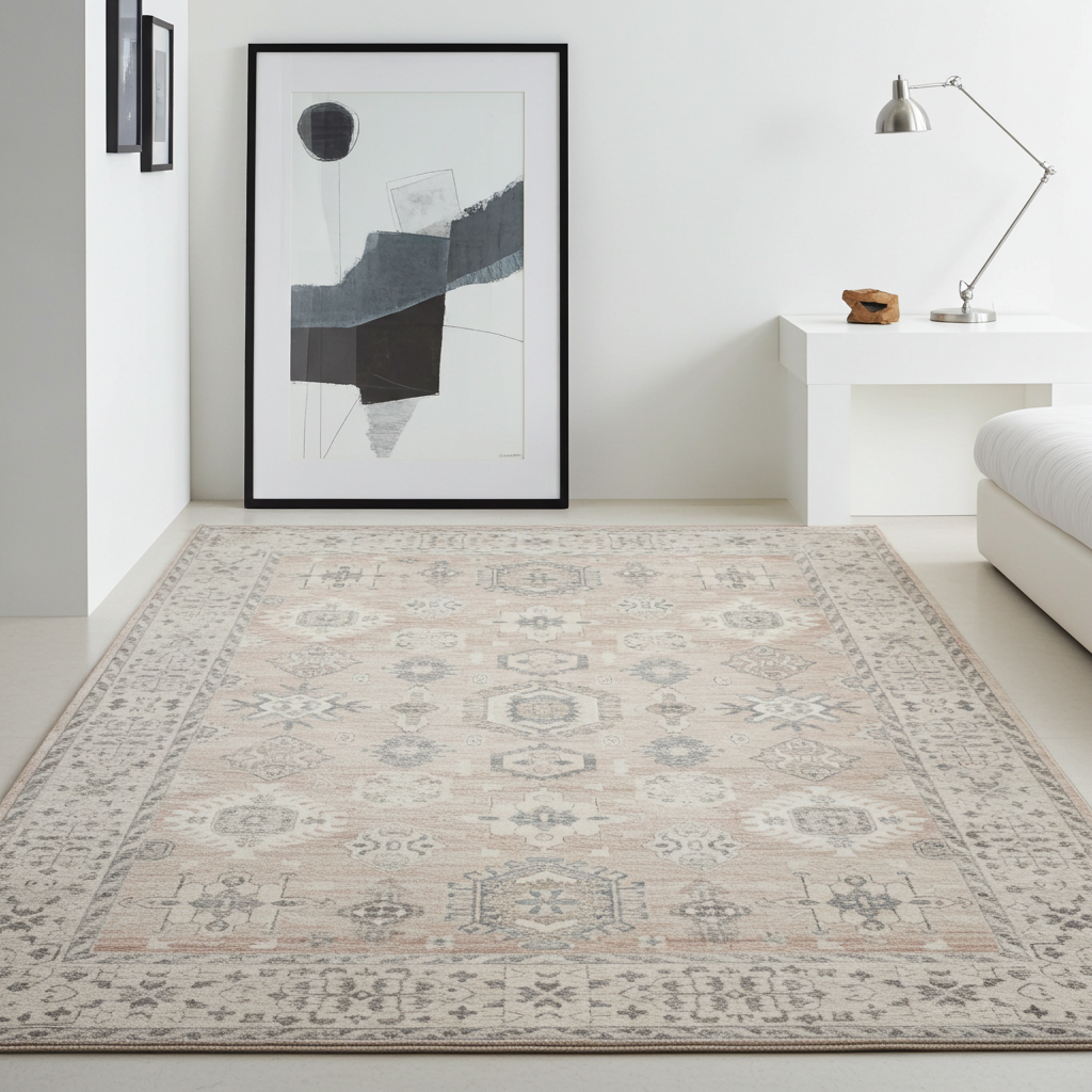 Soft Washable Luxurious Lumina Peach Pink and Grey Distressed Rug