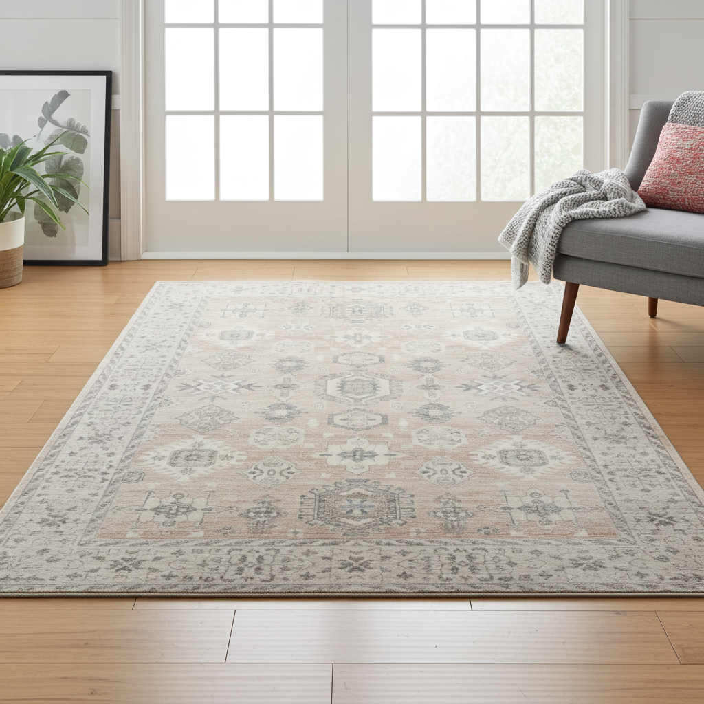 Soft Washable Luxurious Lumina Peach Pink and Grey Distressed Rug