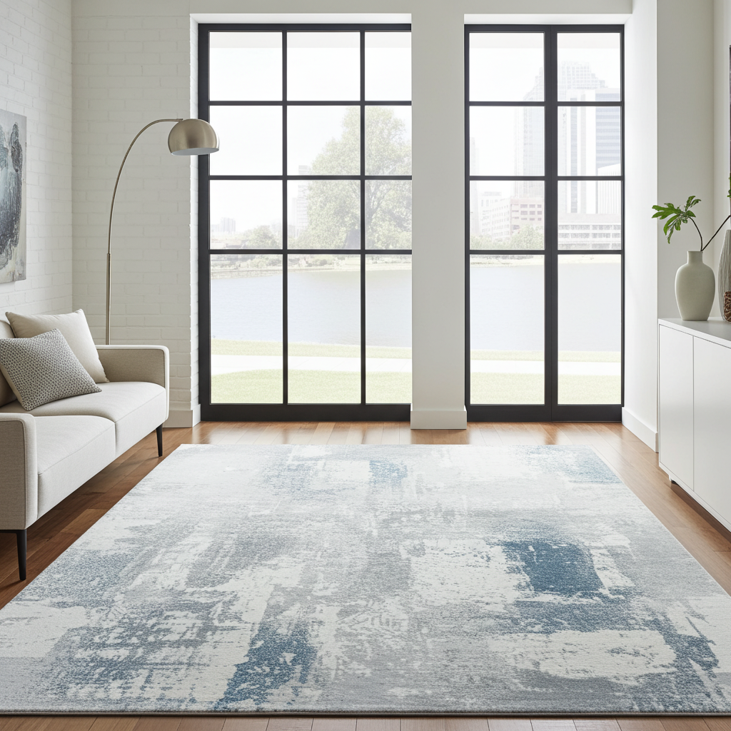 Soft Washable Luxurious Lumina Blue, Grey and White Modern Abstract Rug