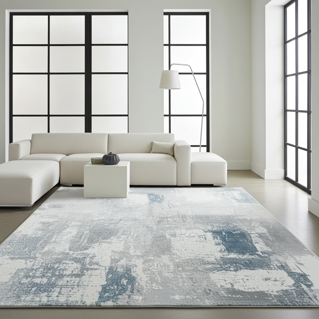 Soft Washable Luxurious Lumina Blue, Grey and White Modern Abstract Rug